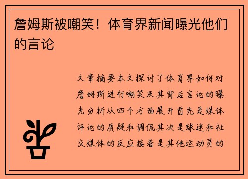 詹姆斯被嘲笑！体育界新闻曝光他们的言论